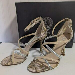 NIB Vince Camuto Adilene Strappy Snakeskin Leather Heeled Sandals 8.5 M 39 Taupe